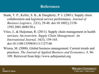 References
21
Robert E. Davis
Stank, T. P., Keller, S. B., & Daugherty, P. J. (2001). Supply chain
collaboration and logistical service performance. Journal of
Business Logistics, 22(1), 29-48. doi:10.1002/j.2158-
1592.2001.tb00158.x
Vries, J., & Huijsman, R. (2011). Supply chain management in health
services: An overview. Supply Chain Management: An
International Journal, 16(3), 159-165.
doi:10.1108/13598541111127146
Wisma, M. (2008). Global business management: Current trends and
practices. The Journal of Applied Business and Economics, 8, 96-
109. Retrieved from http://www.aebrjournal.org
 