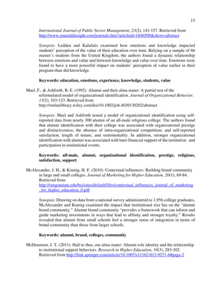 15
International Journal of Public Sector Management, 23(2), 141-157. Retrieved from
http://www.emeraldinsight.com/journals.htm?articleid=1846509&show=abstract
Synopsis: Ledden and Kalafatis examined how emotions and knowledge impacted
students’ perception of the value of their education over time. Relying on a sample of 66
master’s students from the United Kingdom, the authors found a dynamic relationship
between emotions and value and between knowledge and value over time. Emotions were
found to have a more powerful impact on students’ perception of value earlier in their
program than did knowledge.
Keywords: education, emotions, experience, knowledge, students, value
Mael, F., & Ashforth, B. E. (1992). Alumni and their alma mater: A partial test of the
reformulated model of organizational identification. Journal of Organizational Behavior,
13(2), 103-123. Retrieved from
http://onlinelibrary.wiley.com/doi/10.1002/job.4030130202/abstract
Synopsis: Mael and Ashforth tested a model of organizational identification using self-
reported data from nearly 300 alumni of an all-male religious college. The authors found
that alumni identification with their college was associated with organizational prestige
and distinctiveness; the absence of intra-organizational competition; and self-reported
satisfaction, length of tenure, and sentimentality. In addition, stronger organizational
identification with alumni was associated with later financial support of the institution and
participation in institutional events.
Keywords: all-male, alumni, organizational identification, prestige, religious,
satisfaction, support
McAlexander, J. H., & Koenig, H. F. (2010). Contextual influences: Building brand community
in large and small colleges. Journal of Marketing for Higher Education, 20(1), 69-84.
Retrieved from
http://oregonstate.edu/bci/sites/default/files/contextual_influences_journal_of_marketing
_for_higher_education_0.pdf
Synopsis: Drawing on data from a national survey administered to 1,956 college graduates,
McAlexander and Koenig examined the impact that institutional size has on the “alumni
brand community.” Alumni brand community “provides a framework that can inform and
guide marketing investments in ways that lead to affinity and stronger loyalty.” Results
revealed that alumni from small schools feel a stronger sense of integration in terms of
brand community than those from larger schools.
Keywords: alumni, brand, colleges, community
McDearmon, J. T. (2011). Hail to thee, our alma mater: Alumni role identity and the relationship
to institutional support behaviors. Research in Higher Education, 54(3), 283-302.
Retrieved from http://link.springer.com/article/10.1007/s11162-012-9271-6#page-2
 