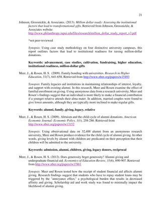 21
Johnson, Grossnickle, & Associates. (2013). Million dollar ready: Assessing the institutional
factors that lead to transformational gifts. Retrieved from Johnson, Grossnickle, &
Associates website:
http://www.philanthropy.iupui.edu/files/research/million_dollar_ready_report_v3.pdf
*not peer-reviewed
Synopsis: Using case study methodology on four distinctive university campuses, this
report outlines factors that lead to institutional readiness for raising million-dollar
donations.
Keywords: advancement, case studies, cultivation, fundraising, higher education,
institutional readiness, million-dollar gifts
Meer, J., & Rosen, H. S. (2009). Family bonding with universities. Research in Higher
Education, 51(7), 641-658. Retrieved from http://www.nber.org/papers/w15493
Synopsis: Family legacies aid institutions in maintaining relationships of interest, loyalty,
and support with existing alumni. In this research, Meer and Rosen examine the effect of
familial enrollment on giving. Using anonymous data from a research university, Meer and
Rosen’s findings suggest that an individual is more likely to make a financial contribution
if a younger relative attends their alma mater. In addition, married couples were found to
give lower amounts, although they are typically more inclined to make regular gifts.
Keywords: alumni, family, giving, legacy, relative
Meer, J., & Rosen, H. S. (2009). Altruism and the child cycle of alumni donations. American
Economic Journal: Economic Policy, 1(1), 258-286. Retrieved from
http://www.nber.org/papers/w13152
Synopsis: Using observational data on 32,488 alumni from an anonymous research
university, Meer and Rosen produce evidence for the child cycle of alumni giving. In other
words, giving levels by alumni with children are predicated on their perception that their
children will be admitted to the university.
Keywords: admission, alumni, children, giving, legacy donors, reciprocal
Meer, J., & Rosen, H. S. (2012). Does generosity beget generosity? Alumni giving and
undergraduate financial aid. Economics of Education Review, 31(6), 890-907. Retrieved
from http://www.nber.org/papers/w17861
Synopsis: Meer and Rosen tested how the receipt of student financial aid affects alumni
giving. Research findings suggest that students who have to repay student loans may be
triggered by the "annoyance effect," a psychological burden that results in decreased
affinity and giving. Scholarship aid and work study was found to minimally impact the
likelihood of alumni giving.
 