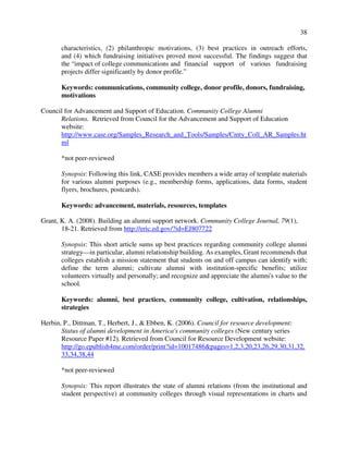 38
characteristics, (2) philanthropic motivations, (3) best practices in outreach efforts,
and (4) which fundraising initiatives proved most successful. The findings suggest that
the “impact of college communications and financial support of various fundraising
projects differ significantly by donor profile.”
Keywords: communications, community college, donor profile, donors, fundraising,
motivations
Council for Advancement and Support of Education. Community College Alumni
Relations. Retrieved from Council for the Advancement and Support of Education
website:
http://www.case.org/Samples_Research_and_Tools/Samples/Cmty_Coll_AR_Samples.ht
ml
*not peer-reviewed
Synopsis: Following this link, CASE provides members a wide array of template materials
for various alumni purposes (e.g., membership forms, applications, data forms, student
flyers, brochures, postcards).
Keywords: advancement, materials, resources, templates
Grant, K. A. (2008). Building an alumni support network. Community College Journal, 79(1),
18-21. Retrieved from http://eric.ed.gov/?id=EJ807722
Synopsis: This short article sums up best practices regarding community college alumni
strategy—in particular, alumni relationship building. As examples, Grant recommends that
colleges establish a mission statement that students on and off campus can identify with;
define the term alumni; cultivate alumni with institution-specific benefits; utilize
volunteers virtually and personally; and recognize and appreciate the alumni's value to the
school.
Keywords: alumni, best practices, community college, cultivation, relationships,
strategies
Herbin, P., Dittman, T., Herbert, J., & Ebben, K. (2006). Council for resource development:
Status of alumni development in America's community colleges (New century series
Resource Paper #12). Retrieved from Council for Resource Development website:
http://go.epublish4me.com/order/print?id=10017486&pages=1,2,3,20,23,26,29,30,31,32,
33,34,38,44
*not peer-reviewed
Synopsis: This report illustrates the state of alumni relations (from the institutional and
student perspective) at community colleges through visual representations in charts and
 