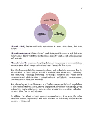 5
Alumni affinity focuses on alumni’s identification with and connection to their alma
maters.
Alumni engagement refers to alumni’s level of purposeful interaction with their alma
maters, either directly with their institutions or indirectly (such as with affiliated groups
and persons).
Alumni philanthropy means the giving of alumni’s time, money, or resources to their
alma maters or related groups and organizations to benefit the alma mater.
The School conducted the literature review of peer-reviewed articles from more than 60
journals from the fields of higher education administration, advancement, technology,
and marketing; sociology; marketing; psychology; nonprofit and public sector
management and administration; organizational theory and behavior; communication;
business administration; and economics.
The primary key words used in the course of this literature review included, singularly or
in combination: student, alumni, affinity, engagement, experience, philanthropy, giving
satisfaction, loyalty, attachment, success, value, connection, generation, technology,
networks, identification, and affiliation.
In addition, the School reviewed non-peer-reviewed reports from reputable higher
education research organizations that were found to be particularly relevant for the
purposes of this project.
Alumni Affinity
Alumni
Philanthropy
Alumni
Engagement
 