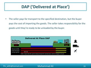 Phr_ali91@hotmail.com
CPT (‘Carriage Paid To’)
• The seller pays to transport the goods to the specified destination.
Responsibility for the goods transfers to the buyer when the seller passes
them to the first carrier.
33Muhammad Ali
 