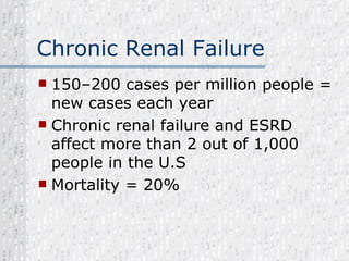 Chronic Renal Failure 150–200 cases per million people = new cases each year Chronic renal failure and ESRD affect more than 2 out of 1,000 people in the U.S Mortality = 20% 