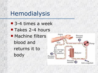 Hemodialysis 3-4 times a week Takes 2-4 hours  Machine filters  blood and returns it to body 