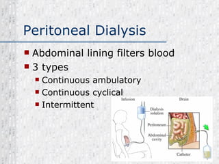 Peritoneal Dialysis Abdominal lining filters blood 3 types Continuous ambulatory Continuous cyclical Intermittent  