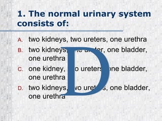 1. The normal urinary system consists of: two kidneys, two ureters, one urethra two kidneys, one ureter, one bladder, one urethra  one kidney, two ureters, one bladder, one urethra two kidneys, two ureters, one bladder, one urethra D 