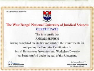 No. : SHPWD/Jan-2015/01/08
*»*«*,«*
The West Bengal National University of Juridical Sciences
CERTIFICATE
This is to certify that
ANNAMSURESH
having completed the studies and satisfied the requirements for
completing the Executive Certification in
Sexual Harassment Prevention and Workplace Diversity
has been certified under the seal of this University*
_^
Dr. R. Parameswaran
Registrar(Acting),WBNUJS
Prof. (Dr.) P. IshwaraBhat
Vice Chancellor,WBNUJS
 