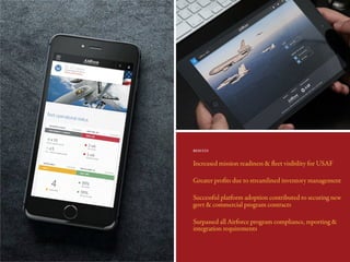 Increased mission readiness & fleet visibility for USAF
Greater profits due to streamlined inventory management
Successful platform adoption contributed to securing new
govt & commercial program contracts
Surpassed all Airforce program compliance, reporting &
integration requirements
RESULTS
 
