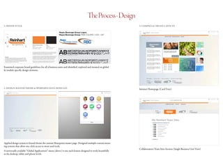 TheProcess-Design
1. DEFINE STYLE 3. COMPILE & CREATE LAYOUTS
2. DESIGN MASTER THEME & WEBPARTS/DATA MODULES
Examined corporate brand guidelines for all 4 business units and identified, explored and iterated on global
& module specific design elements.
Intranet Homepage (Card View)
Collaboration/Team Sites Section (Single Business Unit View)
Applied design system to brand/theme the custom Sharepoint master page. Designed multiple custom menu-
ing systems that allow one-click access to most used tools.
A universally available “Global Applications” menu (above) is one such feature designed to work beautifully
at the desktop, tablet and phone levels.
 