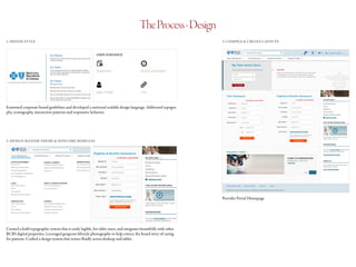 TheProcess-Design
1. DEFINE STYLE 3. COMPILE & CREATE LAYOUTS
2. DESIGN MASTER THEME & SITECORE MODULES
Examined corporate brand guidelines and developed a universal scalable design language. Addressed typogra-
phy, iconography, interaction patterns and responsive behavior.
Provider Portal Homepage
Created a bold typographic system that is easily legible, for older users, and integrates beautifully with other
BCBS digital properties. Leveraged gorgeous lifestyle photography to help convey the brand story of caring
for patients. Crafted a design system that resizes fluidly across desktop and tablet.
 