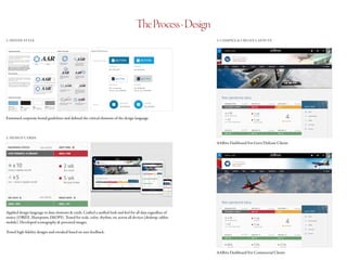 TheProcess-Design
1. DEFINE STYLE 3. COMPILE & CREATE LAYOUTS
2. DESIGN CARDS
The AAR logo is a single element made up of two parts
— a symbol (a set of stylized arrows that form an abstract
turbine engine) and the AAR text.
The AAR logo should always be used as a complete unit.
Always keep the symbol and text together and retain its
approved form.
Camera-ready artwork and electronic files are available
through Corporate Communications. Under certain
approved circumstances, variations of the logo are
allowed. Any variation must reviewed and approved
by Corp Comm at corpcomm@aarcorp.com.
The AAR logo should be positioned away from distracting
design elements. It should be distinct — not part of a larger
design element or pattern.
The area of isolation surrounds the entire logo, and should
be equal to 1/2 the cap height of the logotype. The area
of isolation does not refer to page limitations but to other
graphic and typographic elements (excluding address).
APPROVED COLOR COMBINATIONS
CORPORATE SIGNATURE
Pantone®
542
CMYK: C50/M15/Y0/K5
SWOP: DS 22-5C
RGB: R91/G151/B200
Web: 5B97C8
20% K
Pantone®
542 & Black
Black logos should only be
placed on colors with a value
less than 30% black.
2-color logos should only be
placed on colors with a value
less than 20% black.
White logos can be placed
on any color background
with a value greater than
40% black.
Black
Symbol AAR Text
PMS 877 White
The “safety zone” shown in gray.
The “safety zone” is 1/2 the cap height of the AAR logotype.
APPROVED LOGO COLORS
AREA OF ISOLATION
The AAR corporate signature should be placed on
values that make the logo easy to read.
PLACING THE LOGO ON BACKGROUND COLORS
Black
CMYK: C0/M0/Y0/K100
RGB: R0/G0/B0
Web: 000000
White
CMYK: C0/M0/Y0/K0
RGB: R255/G255/G255
PMS 877 (Metallic Silver)
CMYK: C42/M32/Y32/K0
RGB: R134/G142/B148
30% K 40% K
X
X
XX
Always keep the logo
elements together.
The size of the individual
logo elements should
always remain the same.
Always keep the position of
individual logo elements
the same.
Always keep the position of
individual logo elements
the same.
Always use only one back-
ground color for the logo.
Always place the logo on
a plain (non-patterned)
background.
Always keep the logo straight. Always retain the color of
the logo elements.
Always place the 2-color logo
on backgrounds with values less
than 20% black.
Always place the white logo
on backgrounds with values
greater than 40% black.
Always maintain the original
logo proportions.
Always keep accepted logo
colors separate. Only use
the four approved logo color
versions.
Always keep the white version of
the logo un-outlined.
Always keep elements or text
out of the safety area.
CORRECT LOGO USAGE
c
For copies of the logo request, please contact Corp Comm at corpcomm@aarcorp.com
Examined corporate brand guidelines and defined the critical elements of the design language
AARive Dashboard For Govt/Defense Clients
AARive Dashboard For Commercial Clients
Applied design language to data elements & cards. Crafted a unified look and feel for all data regardless of
source (OBIEE, Sharepoint, IMOPS). Tested for scale, color, rhythm, etc across all devices (desktop, tablet,
mobile). Developed iconography & procured images.
Tested high-fidelity designs and tweaked based on user feedback.
 