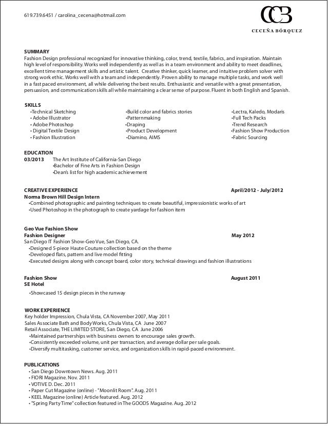 resume fashion design carolina fashion designer resumes