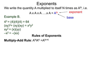 Example B.
43 = (4)(4)(4) = 64
(xy)2= (xy)(xy) = x2y2
xy2 = (x)(yy)
–x2 = –(xx)
base
exponent
Exponents
Multiply-Add Rule: ANAK =AN+K
Rules of Exponents
We write the quantity A multiplied to itself N times as AN, i.e.
A x A x A ….x A = AN
 