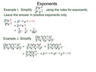 Exponents
Example I. Simplify using the rules for exponents.
Leave the answer in positive exponents only.
23x–8
26 x–3
23x–8
26x–3
= 23 – 6 x–8 – (–3 )
= 2–3 x–5
=
23
1
x5
1
* = 8x5
1
Example J. Simplify (3x–2y3)–2 x2
3–5x–3(y–1x2)3
=
3–2x4y–6x2
3–5x–3y–3 x6 =
= = 3–2 – (–5) x6 – 3 y–6 – (–3)
(3x–2y3)–2 x2
3–5x–3(y–1x2)3 3–5x–3x6y–3
3–2x4x2y–6
3–2x6y–6
3–5x3y–3
 
