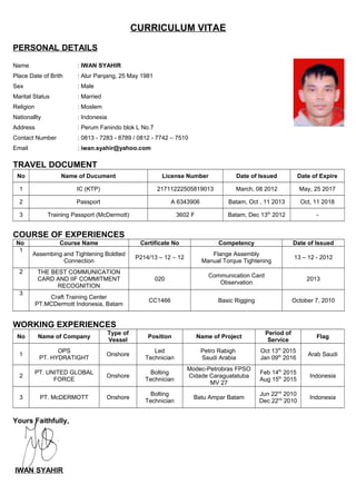 CURRICULUM VITAE
PERSONAL DETAILS
Name : IWAN SYAHIR
Place Date of Brith : Alur Panjang, 25 May 1981
Sex : Male
Marital Status : Married
Religion : Moslem
Nationallty : Indonesia
Address : Perum Fanindo blok L No.7
Contact Number : 0813 - 7283 - 8789 / 0812 - 7742 – 7510
Email : iwan.syahir@yahoo.com
TRAVEL DOCUMENT
No Name of Ducument License Number Date of Issued Date of Expire
1 IC (KTP) 21711222505819013 March, 08 2012 May, 25 2017
2 Passport A 6343906 Batam, Oct , 11 2013 Oct, 11 2018
3 Training Passport (McDermott) 3602 F Batam, Dec 13th
2012 -
COURSE OF EXPERIENCES
No Course Name Certificate No Competency Date of Issued
1
Assembing and Tightening Boldted
Connection
P214/13 – 12 – 12
Flange Assembly
Manual Torque Tightening
13 – 12 - 2012
2 THE BEST COMMUNICATION
CARD AND IIF COMMITMENT
RECOGNITION
020
Communication Card
Observation
2013
3
Craft Training Center
PT.MCDermott Indonesia, Batam
CC1466 Basic Rigging October 7, 2010
WORKING EXPERIENCES
No Name of Company
Type of
Vessel
Position Name of Project
Period of
Service
Flag
1
OPS
PT. HYDRATIGHT
Onshore
Led
Technician
Petro Rabigh
Saudi Arabia
Oct 13th
2015
Jan 09th
2016
Arab Saudi
2
PT. UNITED GLOBAL
FORCE
Onshore
Bolting
Technician
Modec-Petrobras FPSO
Cidade Caraguatatuba
MV 27
Feb 14th
2015
Aug 15th
2015
Indonesia
3 PT. McDERMOTT Onshore
Bolting
Technician
Batu Ampar Batam
Jun 22nd
2010
Dec 22nd
2010
Indonesia
Yours Faithfully,
IWAN SYAHIR
 