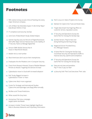 FBI’s James Comey accuses China of hacking into every
major American company
72% of Black Hat Attendees Expect To Be Hit By ‘Major’
Data Breach Within A Year
IT compliance and security: SecOps
2016 Cost of Data Breach Study: Global Analysis
Gartner Says By 2020, 60 Percent of Digital Businesses
Will Suﬀer Major Service Failures Due to the Inability of
IT Security Teams to Manage Digital Risk
Verizon DBIR: Mobile Devices Not A
Factor In Real-World Attacks
Mobile risk is a real number
Most Americans don’t secure their smartphones
Employees Are the Weakest Link in Computer Security
Check Point Research Reveals Threat of Mobile Malware
Persists as Attacks Targeting iOS Devices Increase
Cyberattacks move to cloud with increased adoption
PwC Study: Biggest Increase in
Cyberattacks in Over 10 Years
Cybercrime: Much more organized
Center for Strategic and International Studies:
Cybercrime and espionage costs $445 billion annually
McAfee 2016 Threat Predictions
What caused the Sony hack
Anonymous’ Op Icarus campaign
targets banks worldwide
Increase in Insider Threat Cases Highlight Signiﬁcant
Risks to Business Networks and Proprietary Information
Footnotes
PwC’s 2014 U.S. State of Cybercrime Survey
Markets for Cybercrime Tools and Stolen Data
Target data breach has lingering eﬀect on
customer service, reputation scores
IT Security and Operations Survey the
Game Plan for Closing the SecOps Gap
Zombie Servers: They’re Here and
Doing Nothing but Burning Energy
Neglected Server Provided Entry
for JPMorgan Hackers
A Game Plan for Closing the SecOps Gap:
Coordinate Security and Operations Staﬀs to
Improve Security, Uptime and Compliance
IT Security and Operations Survey the
Game Plan for Closing the SecOps Gap
Data security laws and penalties:
Pay IT now or pay out later
14 Security Fails That Cost Executives Their Jobs
1
2
3
4
5
6
7
8
9
10
11
12
13
14
15
16
17
18
19
20
21
22
23
24
25
26
27
28
 