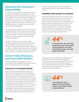 Security Is Now Everyone’s
Responsibility
It wasn’t long ago that cybersecurity was the exclusive
purview of the IT department. No longer. The main-
streaming of cybercrime tools and techniques puts new
responsibilities on the entire enterprise to implement
best practices.20
That means it’s now up to CIOs and
CISOs to manage the security of their digital assets with
strategies that meet the enterprise’s overall business
objectives while also promoting security as a shared
corporate social responsibility.
Forrester Research frames data security as a corporate
social responsibility. Clearly, data security and privacy
protection now rank as core business concerns and go
to the heart of what it means to be a trusted brand
rather than simply an organization that meets basic
compliance obligations.
Competitive impact: When discussing strategic
objectives, organizations need to include security and
customer data protection as chief priorities. Data
breaches and regulatory audits following a compromise
can aﬀect a company’s reputation as well as its competi-
tive ranking when customers, uneasy about a company’s
ability to protect personal data, vote with their feet.21
Current Tools, Processes,
and Teams Still Fall Short
Against a backdrop of rising attacks, the tools,
processes, and teams tasked with protecting organiza-
tions aren’t keeping up with the challenges.
FAILURE TO FIX KNOWN ISSUES
New vulnerabilities emerge literally each day, but
organizations still lag in their patch implementation
response times, according to the “Cisco 2016 Midyear
Cybersecurity Report.” About half of all exploits now
take place between 10 and 100 days after the vulnerabil-
ity is published, with the median number estimated to
be around 30 days, says the “Verizon 2016 Data Breach
Investigations Report.” The failure to patch known
vulnerabilities in a timely fashion—it takes an average of
193 days a patch to be installed that will ﬁx known
vulnerabilities—allows intruders to exploit the path of
least resistance and attack unpatched vulnerabilities.
Unfortunately, diﬀerent priorities have led to poor
synchronization between Security and Operations,
preventing agreement on which systems they ought to
ﬁx ﬁrst.22
ZOMBIES OPEN DOORS TO HACKERS
By one estimate, there are as many as 10 million servers
around the world that do little but consume electricity.23
These so-called zombie servers aren’t just wasting
billions of dollars in energy costs; left unattended or not
kept up-to-date with the latest patches, they also oﬀer
backdoor entry points through which intruders can
access company networks. For example, when cyber-
criminals hacked into J.P. Morgan in 2015 and stole
information on more than 80 million account holders,
they got in by exploiting a no updated server.24
Among enterprises, 50% experience outages and poor
performance in IT systems due to poorly applied
security patches, further underscoring the poor collabo-
ration between the security and operations depart-
ments. Their inability to prioritize and ﬁx vulnerabilities
is responsible for unnecessary downtime as well as
lingering security vulnerabilities.25
44%
of executives say security
breaches occur even when
vulnerabilities and their
remediation have already
been identiﬁed
44%
of executives say it
takes their businesses
weeks to ﬁx high-impact
vulnerabilities.
 