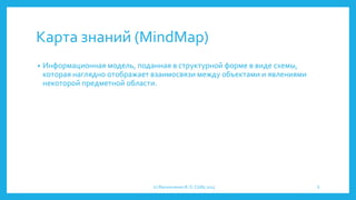 Карта знаний (MindMap)
• Информационная модель, поданная в структурной форме в виде схемы,
которая наглядно отображает взаимосвязи между объектами и явлениями
некоторой предметной области.
(с) Васильченко В. О. СШ85 2015 6
 