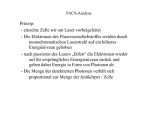 FACS-Analyse
Prinzip:
- einzelne Zelle wir am Laser vorbeigeleitet
- Die Elektronen des Fluoreszenzfarbstoffes werden durch
monochromatischen Laserstrahl auf ein höheres
Energieniveau gehoben
- nach passieren des Lasers „fallen“ die Elektronen wieder
auf ihr ursprüngliches Ernergieniveau zurück und
geben dabei Energie in Form von Photonen ab
- Die Menge der detektierten Photonen verhält sich
proportional zur Menge der Antikörper / Zelle
 