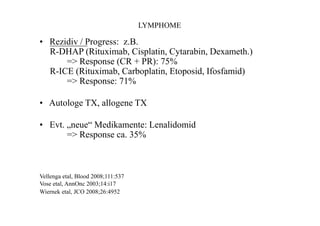 LYMPHOME
• Rezidiv / Progress: z.B.
R-DHAP (Rituximab, Cisplatin, Cytarabin, Dexameth.)
=> Response (CR + PR): 75%
R-ICE (Rituximab, Carboplatin, Etoposid, Ifosfamid)
=> Response: 71%
• Autologe TX, allogene TX
• Evt. „neue“ Medikamente: Lenalidomid
=> Response ca. 35%
Vellenga etal, Blood 2008;111:537
Vose etal, AnnOnc 2003;14:i17
Wiernek etal, JCO 2008;26:4952
 