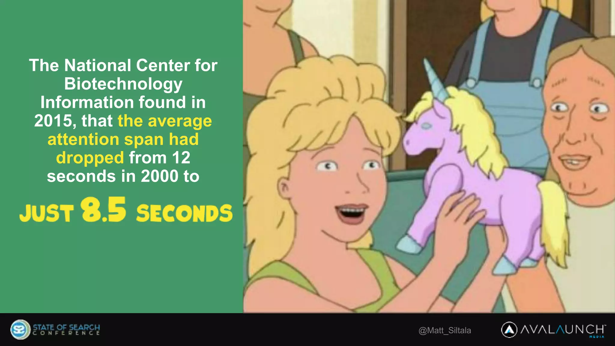 @Matt_Siltala
The National Center for
Biotechnology
Information found in
2015, that the average
attention span had
dropped from 12
seconds in 2000 to
 