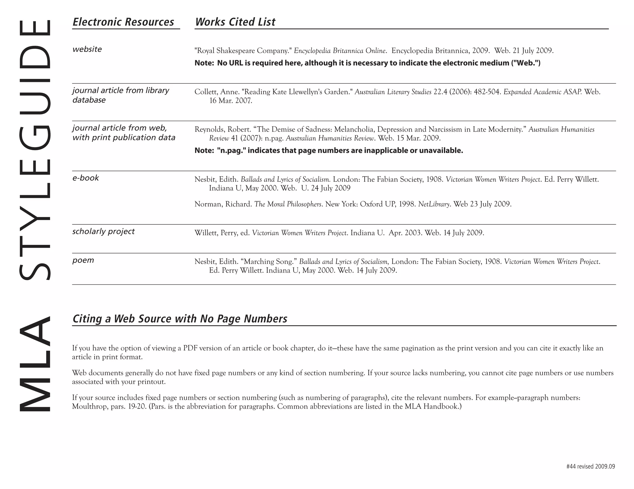 #44 revised 2009.09
Electronic Resources Works Cited List
website "Royal Shakespeare Company." Encyclopedia Britannica Online. Encyclopedia Britannica, 2009. Web. 21 July 2009.
Note: No URL is required here, although it is necessary to indicate the electronic medium ("Web.")
journal article from library
database
Collett, Anne. "Reading Kate Llewellyn's Garden." Australian Literary Studies 22.4 (2006): 482-504. Expanded Academic ASAP. Web.
16 Mar. 2007.
journal article from web,
with print publication data
Reynolds, Robert. “The Demise of Sadness: Melancholia, Depression and Narcissism in Late Modernity.” Australian Humanities
Review 41 (2007): n.pag. Australian Humanities Review. Web. 15 Mar. 2009.
Note: "n.pag." indicates that page numbers are inapplicable or unavailable.
e-book Nesbit, Edith. Ballads and Lyrics of Socialism. London: The Fabian Society, 1908. Victorian Women Writers Project. Ed. Perry Willett.
Indiana U, May 2000. Web. U. 24 July 2009
Norman, Richard. The Moral Philosophers. New York: Oxford UP, 1998. NetLibrary. Web 23 July 2009.
scholarly project Willett, Perry, ed. Victorian Women Writers Project. Indiana U. Apr. 2003. Web. 14 July 2009.
poem Nesbit, Edith. “Marching Song.” Ballads and Lyrics of Socialism, London: The Fabian Society, 1908. Victorian Women Writers Project.
Ed. Perry Willett. Indiana U, May 2000. Web. 14 July 2009.
MLASTYLEGUIDE
Citing a Web Source with No Page Numbers
If you have the option of viewing a PDF version of an article or book chapter, do it—these have the same pagination as the print version and you can cite it exactly like an
article in print format.
Web documents generally do not have fixed page numbers or any kind of section numbering. If your source lacks numbering, you cannot cite page numbers or use numbers
associated with your printout.
If your source includes fixed page numbers or section numbering (such as numbering of paragraphs), cite the relevant numbers. For example--paragraph numbers:
Moulthrop, pars. 19-20. (Pars. is the abbreviation for paragraphs. Common abbreviations are listed in the MLA Handbook.)
 
