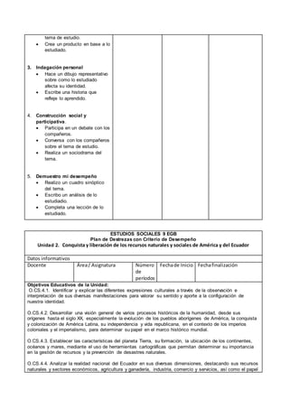 tema de estudio.
 Crea un producto en base a lo
estudiado.
3. Indagación personal
 Hace un dibujo representativo
sobre como lo estudiado
afecta su identidad.
 Escribe una historia que
refleje lo aprendido.
4. Construcción social y
participativa.
 Participa en un debate con los
compañeros.
 Conversa con los compañeros
sobre el tema de estudio.
 Realiza un sociodrama del
tema.
5. Demuestro mi desempeño
 Realizo un cuadro sinóptico
del tema.
 Escribo un análisis de lo
estudiadio.
 Completa una lección de lo
estudiado.
ESTUDIOS SOCIALES 9 EGB
Plan de Destrezas con Criterio de Desempeño
Unidad 2. Conquista y liberación de los recursos naturales y sociales de América y del Ecuador
Datos informativos
Docente Área/ Asignatura Número
de
períodos
Fechade Inicio Fechafinalización
Objetivos Educativos de la Unidad:
O.CS.4.1. Identificar y explicar las diferentes expresiones culturales a través de la observación e
interpretación de sus diversas manifestaciones para valorar su sentido y aporte a la configuración de
nuestra identidad.
O.CS.4.2. Desarrollar una visión general de varios procesos históricos de la humanidad, desde sus
orígenes hasta el siglo XX, especialmente la evolución de los pueblos aborígenes de América, la conquista
y colonización de América Latina, su independencia y vida republicana, en el contexto de los imperios
coloniales y el imperialismo, para determinar su papel en el marco histórico mundial.
O.CS.4.3. Establecer las características del planeta Tierra, su formación, la ubicación de los continentes,
océanos y mares, mediante el uso de herramientas cartográficas que permitan determinar su importancia
en la gestión de recursos y la prevención de desastres naturales.
O.CS.4.4. Analizar la realidad nacional del Ecuador en sus diversas dimensiones, destacando sus recursos
naturales y sectores económicos, agricultura y ganadería, industria, comercio y servicios, así como el papel
 