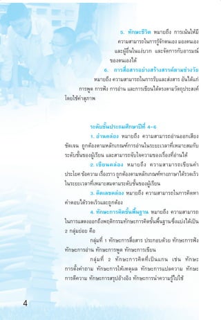 5. ∑—°…–™’«‘µ À¡“¬∂÷ß °“√‡πâπ„Àâ¡’
§«“¡ “¡“√∂„π°“√√Ÿ®°µπ‡Õß ¡Õßµπ‡Õß
â—
·≈–ºŸâÕ◊Ëπ„π·ßà∫«° ·≈–®—¥°“√°—∫Õ“√¡≥å
¢Õßµπ‡Õß‰¥â
6. °“√ ◊ËÕ “√Õ¬à“ß √â“ß √√§åµ“¡™à«ß«—¬
À¡“¬∂÷ß §«“¡ “¡“√∂„π°“√√—∫·≈– àß “√ Õ—π‰¥â·°à
°“√æŸ¥ °“√øíß °“√Õà“π ·≈–°“√‡¢’¬π‰¥âµ√ßµ“¡«—µ∂ÿª√– ß§å
‚¥¬„™â§” ÿ¿“æ

√–¥—∫™—Èπª√–∂¡»÷°…“ªï∑’Ë 4-6
1. Õà“π§≈àÕß À¡“¬∂÷ß §«“¡ “¡“√∂Õà“πÕÕ°‡ ’¬ß
™—¥‡®π ∂Ÿ°µâÕßµ“¡À≈—°‡°≥±å°“√Õà“π„π√–¬–‡«≈“∑’Ë‡À¡“– ¡°—∫
√–¥—∫™—Èπ¢ÕßºŸâ‡√’¬π ·≈– “¡“√∂®—∫„®§«“¡¢Õß‡√◊ËÕß∑’ËÕà“π‰¥â
2. ‡¢’ ¬ π§≈à Õ ß À¡“¬∂÷ ß §«“¡ “¡“√∂‡¢’ ¬ π§”
ª√–‚¬§ ¢âÕ§«“¡ ‡√◊Õß√“« ∂Ÿ°µâÕßµ“¡À≈—°‡°≥±å∑“ß¿“…“‰¥â√«¥‡√Á«
Ë
„π√–¬–‡«≈“∑’Ë‡À¡“– ¡µ“¡√–¥—∫™—Èπ¢ÕßºŸâ‡√’¬π
3. §‘¥‡≈¢§≈àÕß À¡“¬∂÷ß §«“¡ “¡“√∂„π°“√§‘¥À“
§”µÕ∫‰¥â√«¥‡√Á«·≈–∂Ÿ°µâÕß
4. ∑—°…–°“√§‘¥¢—Èπæ◊Èπ∞“π À¡“¬∂÷ß §«“¡ “¡“√∂
„π°“√· ¥ßÕÕ°∂÷ßæƒµ‘°√√¡∑—°…–°“√§‘¥¢—πæ◊π∞“π ´÷ß·∫àß‰¥â‡ªìπ
È È
Ë
2 °≈ÿà¡¬àÕ¬ §◊Õ
°≈ÿà¡∑’Ë 1 ∑—°…–°“√ ◊ËÕ “√ ª√–°Õ∫¥â«¬ ∑—°…–°“√øíß
∑—°…–°“√Õà“π ∑—°…–°“√æŸ¥ ∑—°…–°“√‡¢’¬π
°≈ÿà ¡ ∑’Ë 2 ∑— ° …–°“√§‘ ¥ ∑’Ë ‡ ªì π ·°π ‡™à π ∑— ° …–
°“√µ—Èß§”∂“¡ ∑—°…–°“√„Àâ‡Àµÿº≈ ∑—°…–°“√·ª≈§«“¡ ∑—°…–
°“√µ’§«“¡ ∑—°…–°“√ √ÿªÕâ“ßÕ‘ß ∑—°…–°“√π”§«“¡√Ÿâ‰ª„™â

4
aw Roadmap 1-5

4

6/11/10, 10:39 AM

 