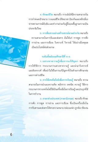 4. ∑—°…–™’«‘µ À¡“¬∂÷ß °“√‡πâπ„Àâ¡’§«“¡ “¡“√∂„π
°“√°”Àπ¥‡ªÑ“À¡“¬ «“ß·ºπ™’«µ ¡’®µÕ“ “ ªÑÕß°—π·≈–À≈’°‡≈’¬ß
‘ ‘
Ë
®“° ∂“π°“√≥å§∫¢—π ·≈–∑”ß“π√à«¡°—∫ºŸÕπ∫πæ◊π∞“π§«“¡‡ªìπ
—
â ◊Ë
È
ª√–™“∏‘ª‰µ¬
5. °“√ ◊ËÕ “√Õ¬à“ß √â“ß √√§åµ“¡™à«ß«—¬ À¡“¬∂÷ß
§«“¡ “¡“√∂„π°“√√—∫·≈– àß “√ Õ—π‰¥â·°à °“√æŸ¥ °“√øíß
°“√Õà“π ·≈–°“√‡¢’¬π «‘‡§√“–Àå «‘®“√≥å ‰¥âÕ¬à“ß¡’‡Àµÿº≈
‡ªìπª√–‚¬™πåµàÕ à«π√«¡
√–¥—∫™—Èπ¡—∏¬¡»÷°…“ªï∑’Ë 4-6
1. · «ßÀ“§«“¡√Ÿâ ‡ æ◊Ë Õ °“√·°â ªí ≠ À“ À¡“¬∂÷ ß
°“√„™â «‘ ∏’ ° “√ °√–∫«π°“√· «ßÀ“§«“¡√Ÿâ ·≈–π”¡“«‘ ‡ §√“–Àå
·≈– —ß‡§√“–Àå ‡æ◊ËÕπ”‰ª„™â„π°“√·°âªí≠À“∑—Èß„π¥â“π°“√»÷°…“µàÕ
‘
·≈–°“√¥”√ß™’«µ
2. °“√„™â‡∑§‚π‚≈¬’‡æ◊ËÕ°“√‡√’¬π√Ÿâ À¡“¬∂÷ß §«“¡
 “¡“√∂„π°“√π”·π«§«“¡§‘¥ À≈—°°“√ ‡∑§π‘§ §«“¡√Ÿâ «‘∏’°“√
°√–∫«π°“√∑“ß‡∑§‚π‚≈¬’„™â‡ªìπ‡§√◊Õß¡◊Õ„π°“√‡√’¬π√Ÿâ ·≈–ª√–¬ÿ°µå„™â
Ë
„π°“√∑”ß“π
3. ¿“…“µà“ßª√–‡∑» (¿“…“Õ—ß°ƒ…) À¡“¬∂÷ß ∑—°…–
°“√ø— ß °“√æŸ ¥ °“√Õà “ π ·≈–°“√‡¢’ ¬ π ´÷Ë ß ‡ªì π ‡§√◊Ë Õ ß¡◊ Õ „π
°“√√—∫ “√·≈– àß “√‰¥âµ√ß§«“¡À¡“¬ §≈àÕß·§≈à« ∂Ÿ°µâÕß ™—¥‡®π

6
aw Roadmap 6-9

6

6/11/10, 10:44 AM

 