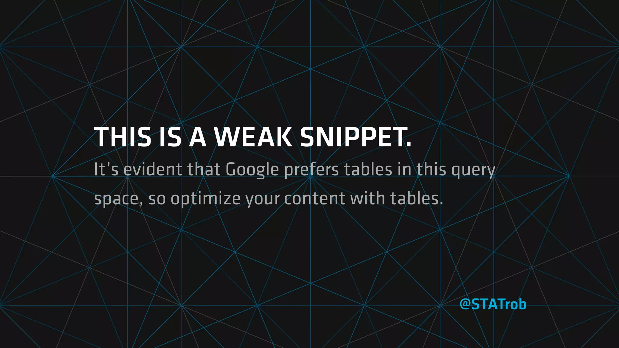 THIS IS A WEAK SNIPPET.
It’s evident that Google prefers tables in this query
space, so optimize your content with tables.
@STATrob
 