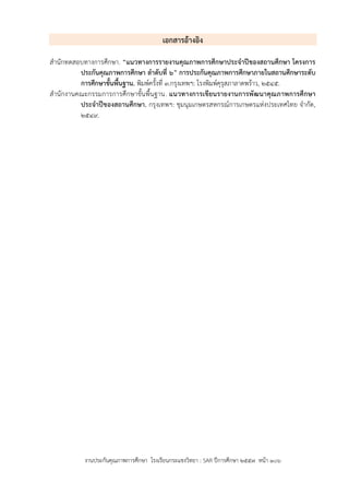 งานประกันคุณภาพการศึกษา โรงเรียนกระแชงวิทยา : SAR ปีการศึกษา ๒๕๕7 หน้า ๑๐๖
เอกสารอ้างอิง
สานักทดสอบทางการศึกษา. “แนวทางการรายงานคุณภาพการศึกษาประจาปีของสถานศึกษา โครงการ
ประกันคุณภาพการศึกษา ลาดับที่ ๖” การประกันคุณภาพการศึกษาภายในสถานศึกษาระดับ
การศึกษาขั้นพื้นฐาน. พิมพ์ครั้งที่ ๓.กรุงเทพฯ: โรงพิมพ์คุรุสภาลาดพร้าว, ๒๕๔๕.
สานักงานคณะกรรมการการศึกษาขั้นพื้นฐาน. แนวทางการเขียนรายงานการพัฒนาคุณภาพการศึกษา
ประจาปีของสถานศึกษา. กรุงเทพฯ: ชุมนุมเกษตรสหกรณ์การเกษตรแห่งประเทศไทย จากัด,
๒๕๔๙.
 