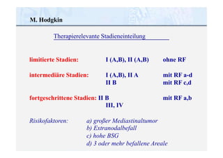 M. Hodgkin
Therapierelevante Stadieneinteilung
limitierte Stadien:
intermediäre Stadien:
I (A,B), II (A,B)
I (A,B), II A
ohne RF
mit RF a-d
mit RF c,d
mit RF a,b
II B
fortgeschrittene Stadien: II B
III, IV
Risikofaktoren: a) großer Mediastinaltumor
b) Extranodalbefall
c) hohe BSG
d) 3 oder mehr befallene Areale
 