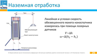 IV Всероссийская научно-техническая конференция «Актуальные проблемы ракетно-космической техники» («IV Козловские чтения»)
Наземная отработка
29
Линейная и угловая скорость
обезвешенного макета наноспутника
измерялась при помощи лазерных
датчиков
𝑉~Δℎ
𝜔~Δ(ℎ2 − ℎ1)
 