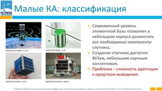 IV Всероссийская научно-техническая конференция «Актуальные проблемы ракетно-космической техники» («IV Козловские чтения»)
Малые КА: классификация
5
ФЕМТОСПУТНИКИ: <0.1 КГ
НАНОСПУТНИКИ: <10 КГ МИКРОСПУТНИКИ: <100 КГ
ПИКОСПУТНИКИ: <1 КГ
 Современный уровень
элементной базы позволяет в
небольшом корпусе разместить
все необходимые компоненты
спутника.
 Создание спутника доступно
ВУЗам, небольшим научным
коллективам.
 Проблема – сложность адаптации
к средствам выведения.
 