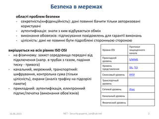 Безпека в мережах
16.06.2015 NET - Security pupena_san@ukr.net 2
області проблем безпеки
- секретність(кнфіденційність): д...
