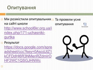 Опитування
   Ми розмістили опитувальник  Та провели усне
    на сайті школи                опитування
    http://www.school6kr.org.ua/i
    ndex.php/171-uchasniki-
    gurtka
   Результат
    https://docs.google.com/spre
    adsheet/ccc?key=0AscdJIZ1
    kCFDdHl6R3NMenRZdmlrO
    HF2WC1QSGJHNWc

 