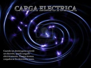 Cuando un átomo gana o pierde
un electrón, queda cargado
eléctricamente. A estos átomos
cargados se les denomina iones.
 