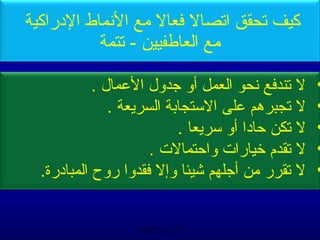 ‫كيف صتحقق اصتصال فعال مع النماط الدراكية‬
           ‫مع العاطفيين - صتتمة‬

            ‫ل صتندفع نحو العمل أو تجدول العمال .‬    ‫•‬
               ‫ل صتجبرمهم على الستجابة السريعة .‬    ‫•‬
                           ‫ل صتكن حادا أو سريعا .‬   ‫•‬
                      ‫ل صتقدم خيارات واحتمالت .‬     ‫•‬
  ‫ل صتقرر من أتجلهم خشيئا وإل فقدوا روح المبادرة.‬   ‫•‬


                   ‫الحمد ل رب العالمين‬
 