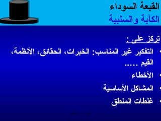 ‫القبعة السوداء‬
                                         ‫الكآبة والسلبية‬
                                      ‫تركز على :‬
‫• التفكير غير المناسب: الخبرات، الحقائق، المنظمة،‬
                                     ‫القيم …..‬
                                        ‫• الخطاء‬
                             ‫• المشاكل الساسية‬
                                ‫• غلطات المنطق‬
                   ‫الحمد ل رب العالمين‬
 
