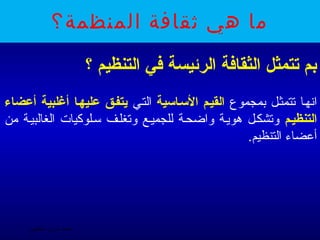 ‫ما هي ثقافة المنظمة؟‬

                           ‫بم تتمثل الثقافة الرئيسة في التنظيم ؟‬
‫انهها صتتمثهل بمجموع القيـم السـاسية التهي يتفـق عليهـا أغلبية أعضاء‬
‫التنظيـم وصتشكهل مهويهة واضحهة للجميهع وصتغلهف سهلوكيات الغالبيهة من‬
                                                    ‫أعضا ء التنظيم.‬




     ‫الحمد ل رب العالمين‬
 