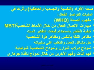‫صحة الفراد (النفسية والجسدية والعارطفية( وأةثرها في‬
                                  ‫عمليات التواصل الفعال:‬
                               ‫‪ ‬مفهوم الصحة (‪(WHO‬‬
‫‪ ‬مهارات التصال الفعال من خلل المنماط الشخصية‪MBTI‬‬
              ‫‪ ‬كيفية التفكير باستخدام يقبعات التفكير الست‬
             ‫‪ ‬مظاهر الثقة بالنفس ومظاهر يقوة الشخصية‬
                  ‫‪ ‬حل مشاكل العمل والتغلب على سلبياته‬
     ‫‪ ‬منموذج دولب التوازن ومنموذج الشخصية التوكيدية‬
 ‫‪ ‬فهم الذات وفهم الخرين من خلل منموذج منافذة جوهاري‬

                       ‫الحمد ل رب العالمين‬
 