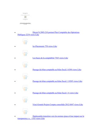 Décret N.2005-210 portant Plan Comptable des Opérations
Publiques 2234 views Like

les Placements 770 views Like

Les bases de la comptablité 7365 views Like

Passage du bilan comptable au bilan fiscal.1 6384 views Like

Passage du bilan comptable au bilan fiscal.1 19585 views Like

Passage du bilan comptable au bilan fiscal.1 4 views Like

Vinci Grands Projets Compte consolidés 2012 6847 views Like

Dankwambo transition vers les normes ipsas et leur impact sur la
transparence, u... 1183 views Like

 
