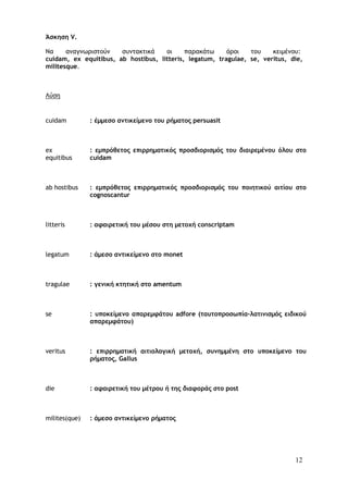 12
Άσκηση V.
Να αναγνωριστούν συντακτικά οι παρακάτω όροι του κειμένου:
cuidam, ex equitibus, ab hostibus, litteris, legatum, tragulae, se, veritus, die,
militesque.
Λύση
cuidam : έμμεσο αντικείμενο του ρήματος persuasit
ex
equitibus
: εμπρόθετος επιρρηματικός προσδιορισμός του διαιρεμένου όλου στο
cuidam
ab hostibus : εμπρόθετος επιρρηματικός προσδιορισμός του ποιητικού αιτίου στο
cognoscantur
litteris : αφαιρετική του μέσου στη μετοχή conscriptam
legatum : άμεσο αντικείμενο στο monet
tragulae : γενική κτητική στο amentum
se : υποκείμενο απαρεμφάτου adfore (ταυτοπροσωπία-λατινισμός ειδικού
απαρεμφάτου)
veritus : επιρρηματική αιτιολογική μετοχή, συνημμένη στο υποκείμενο του
ρήματος, Gallus
die : αφαιρετική του μέτρου ή της διαφοράς στο post
milites(que) : άμεσο αντικείμενο ρήματος
 
