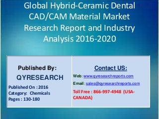 Global Hybrid-Ceramic Dental
CAD/CAM Material Market
Research Report and Industry
Analysis 2016-2020
Published By:
QYRESEARCH
Published On : 2016
Category: Chemicals
Pages : 130-180
Contact US:
Web: www.qyresearchreports.com
Email: sales@qyresearchreports.com
Toll Free : 866-997-4948 (USA-
CANADA)
 