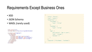 Requirements Except Business Ones
• XSD
• JSON Schema
• WADL (rarely used)
 
