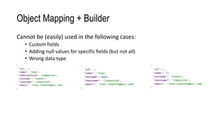 Object Mapping + Builder
Cannot be (easily) used in the following cases:
• Custom fields
• Adding null values for specific fields (but not all)
• Wrong data type
 