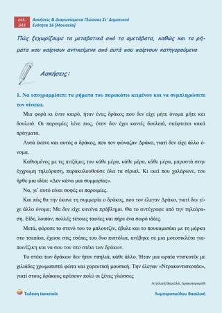 σελ.
343
Ασκήσεις & Διαγωνίσματα Γλώσσας Στ΄ Δημοτικού
Ενότητα 16 [Μουσεία]
Έκδοση taexeiola Λυμπεροπούλου Βασιλική
Πώς ξεχωρίζουμε τα μεταβατικά από τα αμετάβατα, καθώς και τα ρή-
ματα που παίρνουν αντικείμενο από αυτά που παίρνουν κατηγορούμενο
Ασκήσεις:
1. Να υπογραμμίσετε τα ρήματα του παρακάτω κειμένου και να συμπληρώσετε
τον πίνακα.
Μια φορά κι έναν καιρό, ήταν ένας δράκος που δεν είχε μήτε όνομα μήτε και
δουλειά. Οι παροιμίες λένε πως, όταν δεν έχει κανείς δουλειά, σκέφτεται κακά
πράγματα.
Αυτά έκανε και αυτός ο δράκος, που τον φώναζαν Δράκο, γιατί δεν είχε άλλο ό-
νομα.
Καθισμένος με τις πιτζάμες του κάθε μέρα, κάθε μέρα, κάθε μέρα, μπροστά στην
έγχρωμη τηλεόραση, παρακολουθούσε όλα τα σίριαλ. Κι εκεί που χαλάρωνε, του
ήρθε μια ιδέα: «Δεν κάνω μια συμμορία;».
Να, γι’ αυτό είναι σοφές οι παροιμίες.
Και πώς θα την έκανε τη συμμορία ο δράκος, που τον έλεγαν Δράκο, γιατί δεν εί-
χε άλλο όνομα; Μα δεν είχε κανένα πρόβλημα. Θα το αντέγραφε από την τηλεόρα-
ση. Είδε, λοιπόν, πολλές τέτοιες ταινίες και πήρε ένα σωρό ιδέες.
Μετά, φόρεσε το στενό του το μπλουτζίν, έβαλε και το πουκαμισάκι με τη μάρκα
στο τσεπάκι, έχωσε στις τσέπες του δυο πιστόλια, ανέβηκε σε μια μοτοσικλέτα για-
πωνέζικη και να σου τον στο στέκι των δράκων.
Το στέκι των δράκων δεν ήταν σπηλιά, κάθε άλλο. Ήταν μια ωραία ντισκοτέκ με
χιλιάδες χρωματιστά φώτα και χορευτική μουσική. Την έλεγαν «Ντρακοντισκοτέκ»,
γιατί στους δράκους αρέσουν πολύ οι ξένες γλώσσες
Αγγελική Βαρελλά, Δρακοπαραμύθι
 