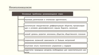 Неоколониализм
Основные проблемы развивающихся стран
языковая, религиозная и этническая идентичность
значительная имущественная дифференциация общества, прогрессирую-
щая в условиях демографического взрыва бедность населения
низкий уровень развития экономики, общества, общественного сознания
сохранение косвенной зависимости от бывших метрополий
отсутствие опыта политического управления у лидеров
недостаток природных ресурсов, необходимых для самостоятельного раз-
вития
 