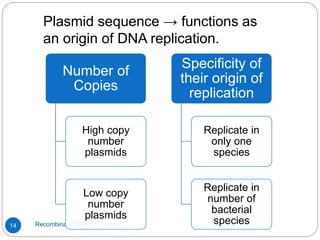 Recombinant DNA Technology
14
Number of
Copies
High copy
number
plasmids
Low copy
number
plasmids
Specificity of
their origin of
replication
Replicate in
only one
species
Replicate in
number of
bacterial
species
Plasmid sequence → functions as
an origin of DNA replication.
 