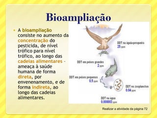 Bioampliação
 A bioampliação
consiste no aumento da
concentração do
pesticida, de nível
trófico para nível
trófico, ao longo das
cadeias alimentares –
ameaça à saúde
humana de forma
direta, por
envenenamento, e de
forma indireta, ao
longo das cadeias
alimentares.
Realizar a atividade da página 72
 